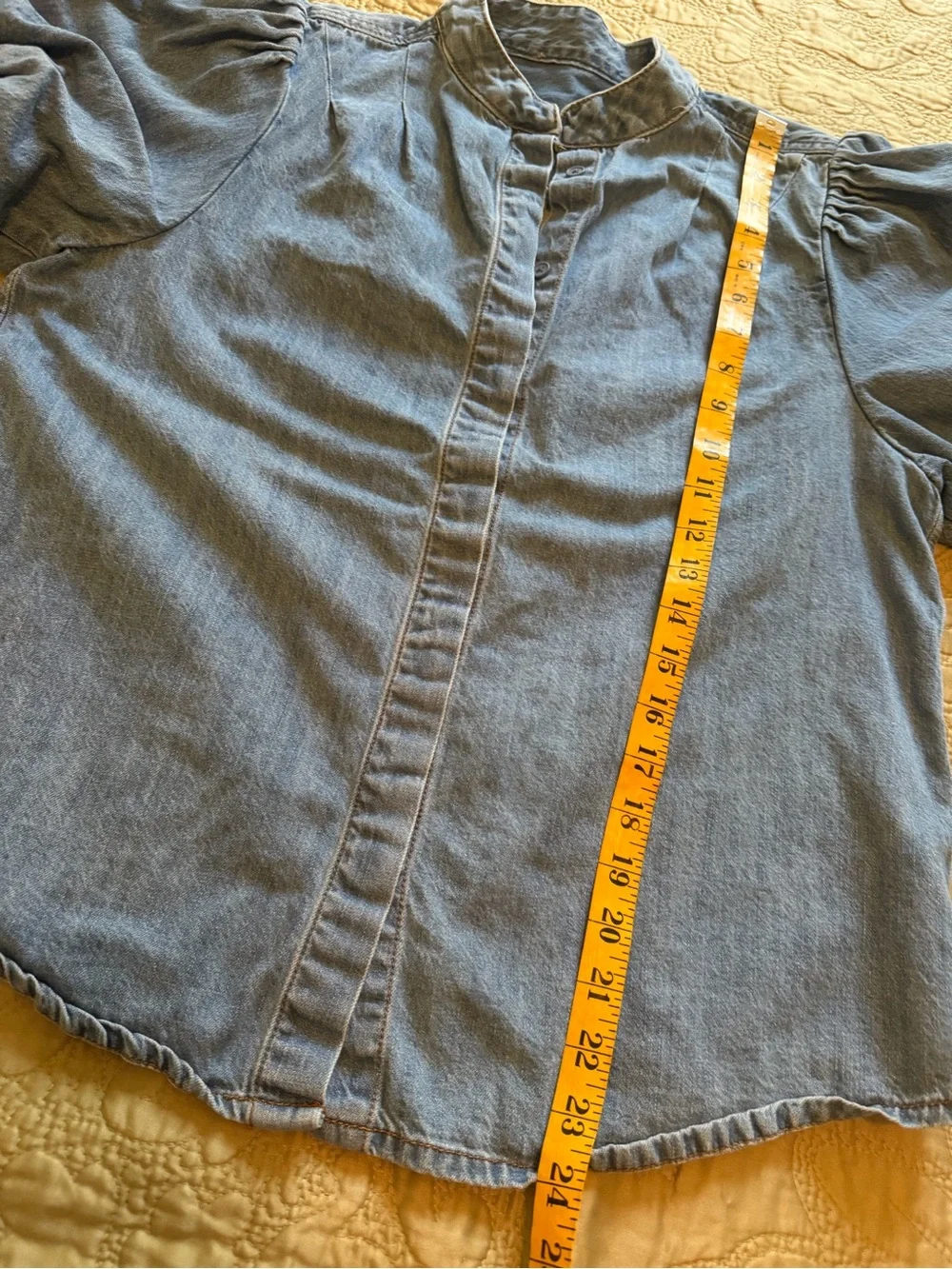 Denim Chambray Puff Sleeve Button Up Prairie Blouse Cottagecore Top - Picture 9 of 12